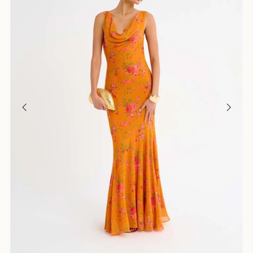 Rumored Sleeveless Cowl Neck Floral Maxi Dress in Orange with Pink Blooms